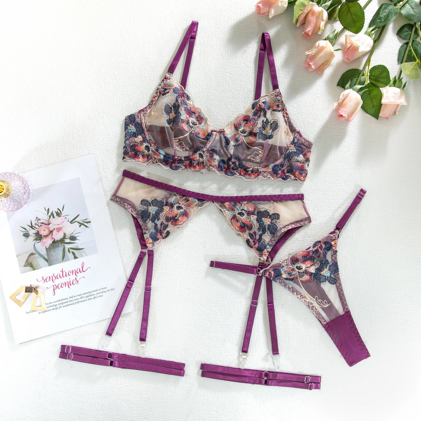 Luxury Embroidery See-Through Lingerie 4Pcs Fancy Beautiful Skin Care Underwear Kits Erotic Intimate Garter Lingerie Set