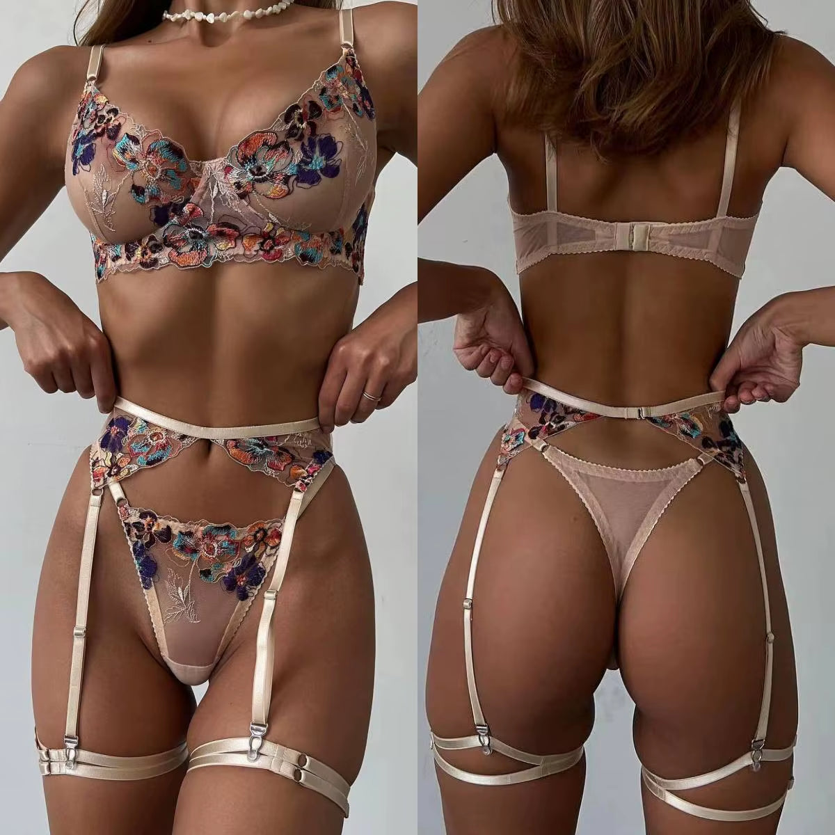 Luxury Embroidery See-Through Lingerie 4Pcs Fancy Beautiful Skin Care Underwear Kits Erotic Intimate Garter Lingerie Set
